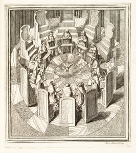 Dvanáct soudců Rota se modlí v kruhové síni obklopující Ducha svatého, hospoda. 1717 (rytina) od Italian School