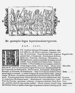 Rozmanitost jazyků, ilustrace z Historie severních národů od Olause Magnuse (1490-1558), vydaná v Římě, 1555 od Italian School