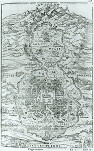 Pohled na aztécké město Tenochtitlan ze severu, z knihy Relatione della Citta del Temistitan od Giovanniho Battisty Ramusia (1485-1557) vydané v Benátkách roku 1606. od Italian School
