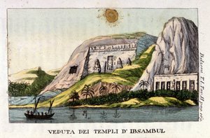 Pohled na chrám Abu Simbel. Autor Giovanni Battista (Gianbattista) Belzoni (1778-1823), je italský badatel a archeolog, učinil důležité archeologické objevy v Egyptě. Rytina - v „“ Viaggio in Egitto e in Nubia““ od Belzoniho, Milán od Italian School