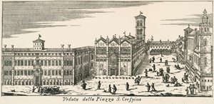 Pohled na Piazza San Crispino a katedrálu Ferrara, rytina, Itálie od Italian School