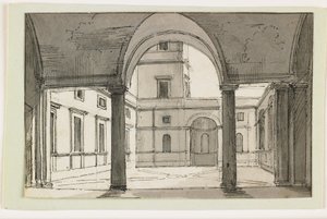 Pohled na italskou kolonádu a nádvoří, začátek 19. století (pero a hnědý inkoust a šedá barva na černé křídě) od Italian School