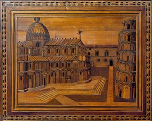 Pohled na katedrálu v Pise (Duomo di Santa Maria Assunta di Pisa) a šikmou věž (přívěsek Torre) na Zázračném náměstí (Piazza dei Miracoli) Intarzie z 15. století. Zachováno v presbytáři katedrály v Pise od Italian School