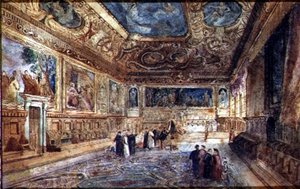 Pohled do interiéru Dóžecího paláce v Benátkách, kolem roku 1840 (akvarel na pergamenu) od Italian School
