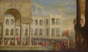 Pohled na palác a královnu Joannu I. Neapolskou od Italian School