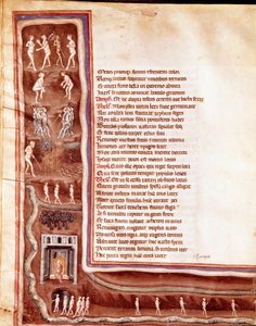 Pohled na podsvětí, postavy a monstra, bloudící duše v kruzích podsvětí, ilustrace k Zběsilému Herculesovi od Seneque (Miniatura od Italian School