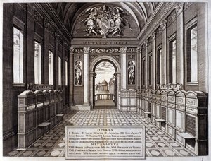 Pohled na muzeum Michele Mercatiho (1541-1595), správce vatikánské botanické zahrady. Rytina z „“ Metallotheca...“ Řím 1717 - 1719 od Italian School