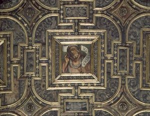 Pohled na obložený strop s malovanými panely od Pier Maria Pennacchi (1464-1514/15) (dřevo) od Italian School
