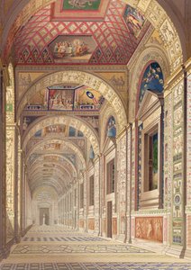 Pohled na lodžii ve Vatikánu ve druhém patře, s výzdobou od Raphaela, z Delle Loggie di Rafaele nel Vaticano, vydaná jako volný list ve vydání z roku 1814 (ručně kolorovaná rytina) od Italian School