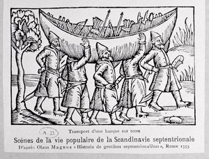 Vikingové nesoucí loď do Ruska, ilustrace z Historie severních národů od Olause Magnuse (1490-1558), vydaná v Římě, 1555 od Italian School