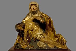 Panna milosrdenství Kristu, která zemřela kolem roku 1510-1520, oblast Jižní Tyrolsko, socha predelle z malovaného dřeva a dřeva, zachovaná v Musee Bonnat de Bayonne. Selva fotografie, 2008. od Italian School