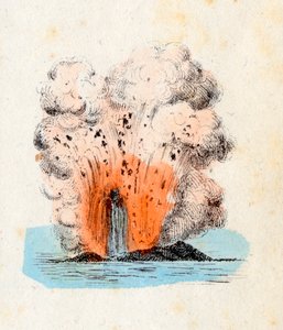 Erupce sopky Liparských ostrovů s vysokým proudem lávy doprovázeným explozí velkým množstvím plynu a popela, Litografie Corbetta, Milán od Italian School