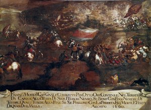 Válka o Candia (Kréta): „“ Bitva u Chanie vedená Francescem Morosinim (1619-1694) v srpnu 1660“ (Krétská válka (1645-69): útok na Caneu vedený Francescem Morosinim v srpnu 1660) Obraz Benátská škola od Italian School