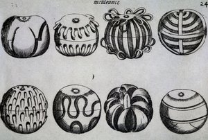 Způsoby nakrájení ovoce, ilustrace ze Tří pojednání bavorského Messera Mattia Gieghera z Mosburcu, drtiče nejslavnějšího německého národa v Padově, Itálie od Italian School