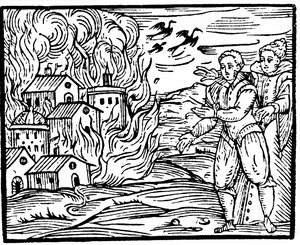 Čarodějnice ničící dům ohněm, Švábsko v roce 1533, ilustrace z Compendium Maleficarum od Francesca Maria Guazza, 1608 od Italian School