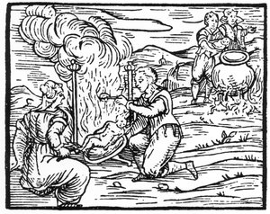 Čarodějnice pečou a vaří nemluvňata, kopie ilustrace z Compendium Maleficarum od Fr. M. Guaccius, Milán 1608, použitá v Historii magie, publikované koncem 19. století od Italian School