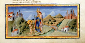 Yates Thompson 36, f.149, Nahá postava sv. Františka, přijímá požehnání biskupa z Assisi, od „Divina Commedia“ od Dante Alighieriho, kolem 1444-50 (vellum) od Italian School