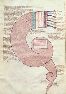 ms.ASPi, C.M 15, c.3v Strana textu s apokalyptickým drakem, z Liber Figurarum e le Proemisssiones Gioachimitiche od Joachima z Flory (asi 1132-1202) od Italian School