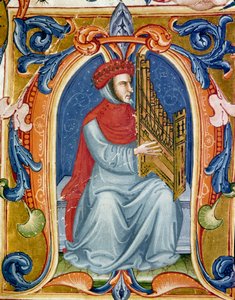 portrét Francesca Landiniho nebo Landina hrajícího na varhany (1325 1397) italský skladatel, varhaník, zpěvák, básník. Miniatura Codexu Squarcialupi z 15. století. Firenze, Library Laurenziana, paní Med. Kamarád. 87. od Italian School