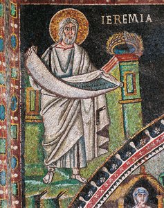 Prorok Jeremiáš, mozaika, vlevo od lunety, severní stěna presbytáře, bazilika San Vitale (Seznam světového dědictví UNESCO od Italian School