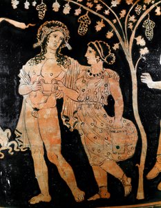 Detail vázy z Ruvo v Puglii (Puglia) zobrazuje pár mladých manželských párů. V rukou drží pohár vína. 4. století před naším letopočtem. Museo Archeologico Nazionale Neapol od Italic