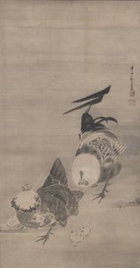 Kohouti, slepice a kuřata, vpravo z páru, 1795 od Ito Jakuchu