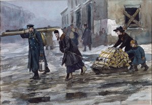 Rodina inženýra, který vláčí domů nějaké palivo Vladimirov, Ivan Alexejevič (1869-1947). Akvarel, kvaš na papíře od Ivan Alexeyevich Vladimirov