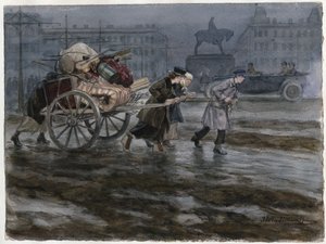 Famille demenageant ses affaires dans une charrette a bras - Family moving its belongings on cart (from the series of watercolors Russian revolution) - Vladimirov, Ivan Alexeyevich (1869-1947) - 1917-1918 - Watercolour on paper - 25,9x34,3 - Private Collec od Ivan Alexeyevich Vladimirov