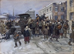 Hladoví dělníci v Petrohradě loupící vojenský náklaďák chleba Vladimirov Ivan Alexejevič (1869-1947). Akvarel, kvaš na papíře od Ivan Alexeyevich Vladimirov