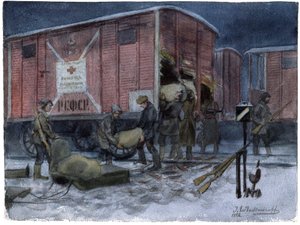 Soldats pillant un wagon de chemin de fer - Vojáci drancující železniční vagón (ze série akvarelů Ruská revoluce) - Vladimirov, Ivan Alexejevič (1869-1947) - 1922 - Akvarel na papíře - 25,8x34,1 - Soukromá sbírka od Ivan Alexeyevich Vladimirov