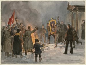 Vojáci pálí obrazy (ze série akvarelů Ruská revoluce) - Oeuvre od Ivana Alexejeviče Vladimirova (1869-1947) - 1917 - Akvarel na papíře - 25,7x34,5 - Soukromá sbírka