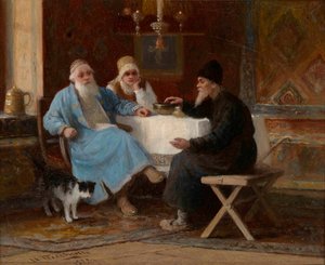 ""Rozhovor"" Tři postavy u stolu - Obraz Ivana Andrejeviče Pelevina (1840-1917) 1909 Rozměr 15x20 cm Soukromá sbírka od Ivan Andreevich Pelevin