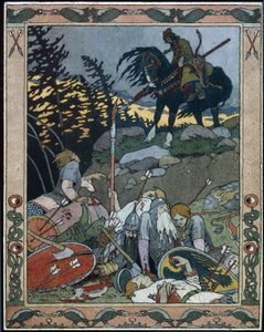Ilustrace k pohádce Maria des mers (Ilustrace k pohádce Marya Morevna). Princ Ivan objeví armádu poraženou Marií Morevnou, královnou válečnic. Dílo Ivana Jakovleviče Bilibina (Bilibin) (1876-1942), akvarel a inkoust na papíře od Ivan Yakovlevich Bilibin