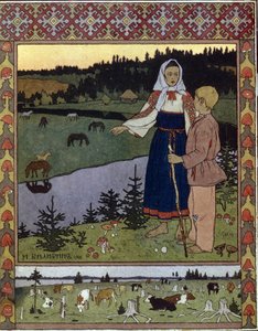 Ilustrace k tradiční pohádce Alyonouchka a Ivanouchka. Dílo Ivana Jakovleviče Bilibina (Bilibin) (1876-1942), litografie od Ivan Yakovlevich Bilibin
