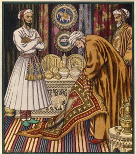 Princ Ali kupuje kouzelný koberec. Ilustrace k arabskému příběhu. (Princ Ali kupuje koberec). Obraz Ivana Jakoleviče Bilibina (Bilibin) (1876-1942). Akvarel na papíře. Petrohrad, Státní ruské muzeum. od Ivan Yakovlevich Bilibin