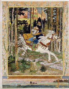 princ Ivan. (Ivan Carevič). Hrdinové ruských folklórních legend, jedoucí na bílém koni v lese, prchající z hradu a objímající Vassilissa La Tres Belle v náručí. Ilustrace Ivan Jakovlevič Bilibin (Bilibin) (1876-1942), akvarel od Ivan Yakovlevich Bilibin