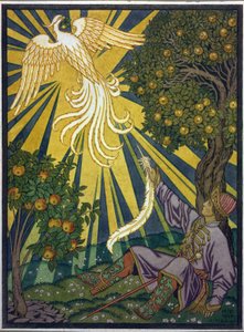 Princ chytne pírko z ohnivého ptáka. Ilustrace k pohádce "Ivan Carevič, ohnivý pták a šedý vlk"". Dílo Ivana Jakovleviče Bilibina (Bilibin) (1876-1942), akvarel a kvaš na papíře. Ruské umění, 20. století, symbolismus. od Ivan Yakovlevich Bilibin