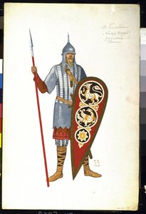 Ruský válečník ve 12. století. Kostým pro operu ""Princ Igor"" Alexandra Borodina (1833-1887) (Ruský válečník. Návrh kostýmu pro operu Kníže Igor od A. Borodina). Obraz Ivana Jakoleviče Bilibina (Bilibin) (1876-1942) od Ivan Yakovlevich Bilibin