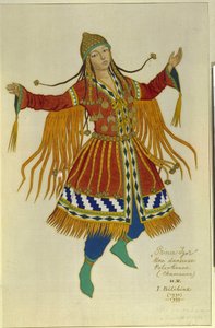 Polovtsian (nebo Couman, Kuman) šamanský tanečník. Kostým pro operu ""Princ Igor"" od Alexandra Borodina (Borodin) (1833-1887). Dílo Ivana Jakovleviče Bilibina (Bilibin) (1876-1942), akvarel na papíře od Ivan Yakovlevich Bilibin
