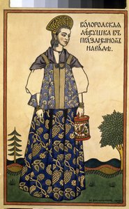 Mladá dáma z Vologdy ve slavnostních šatech. (Dívka z Volody ve svátečních šatech). Na sobě Kokochnik, vysoká pokrývka hlavy a sarafánové rovné šaty bez rukávů z oblasti severně od Moskvy. Dílo Ivana Jakovleviče Bilibina (Bilibina) (1876-1942), protože od Ivan Yakovlevich Bilibin