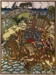 Volha Svjatoslavič (Vseslav de Polotsk (verze 1039-1101), velkokníže de Kyjev de 1068 a 1069) a Mikula Selyaninovich (?). Oeuvre de Ivan Yakovlevich Bilibin (Bilibine) (1876-1942), litografie od Ivan Yakovlevich Bilibin