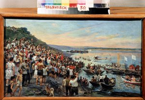 ""Přistání hydroplánu v Uljanovsku v roce 1927"" Obraz Ivan Guriev (1875-1943) 1927 Regionální muzeum umění, Simbirsk od Ivan Gouriev