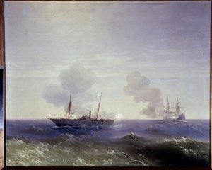 Rusko-turecká (rusko-turecká) válka 1877-1878: Námořní bitva mezi ruským křižníkem Vesta a obrněným Fethi Bulendem v Černém moři, 11. července 1877 (Námořní bitva mezi ruským křižníkem Vesta a obrněným Fethi Bulendem dělal od Ivan Konstantinovich Aivazovsky
