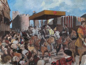 Rekonstruovaný pohled na korunovační průvod krále Eduarda VI. vycházející z londýnského Toweru v roce 1547 od Ivan Lapper