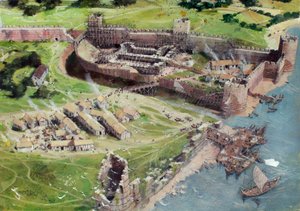 Rekonstruovaný pohled na londýnský Tower od jihozápadu, jak mohl vypadat v 70. letech 10. století nebo v roce 1080, kdy byl Bílý Tower v rané fázi výstavby. od Ivan Lapper