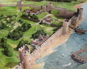 Rekonstruovaný pohled na jihovýchodní roh římského Londýna a budoucí místo londýnského Toweru, jak mohl vypadat kolem roku 400 n. l.