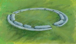 Stonehenge: první fáze zahrnující příkop, val a protilehlý val ohraničující Aubreyho díry.