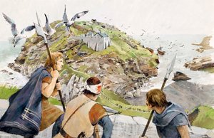 Hrad Tintagel v roce 1230 n. l. (akvarel na papíře) od Ivan Lapper