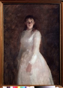 Portrét mladé dámy (Portrét mladé dámy). (oblečený v dlouhých bílých šatech). Obraz Ivana Nikolajeviče Kramského (1837-1887), olej na plátně. ruské umění od Ivan Nikolaevich Kramskoy