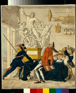 Napoleon Bonaparte (1769-1821) prodává kradené zboží, mezi nimi skupina Laocoön - Karikatura Ivana Ivanoviče Terebeneva (1780-1815), inkoust a akvarel na papíře od Ivan Nikolayevich Terebenev